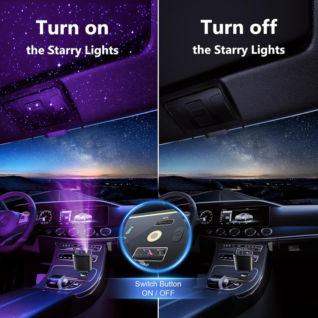 Retractable Car Charger with Starlight, 66W Starlight in Car Roof 4-in-1 Retractable Car Phone Charger Adapter, Fast Charging USB C Cable, Compatible with iPhone 17/16/15/14/13/12