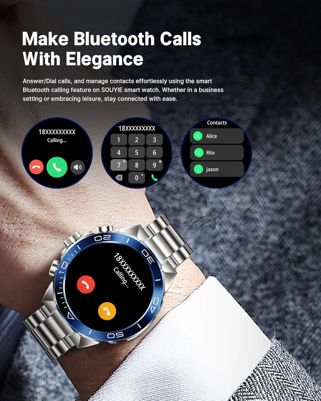 Smart Watch for Men Answer/Make Call for Android iPhone, 1.43" AMOLED HD Screen Men's Luxury Watch, 400mAh Heavy Duty Smartwatch Heart Rate Blood Oxygen Blood Pressure Sleep Monitor Pedometer, 2 Straps