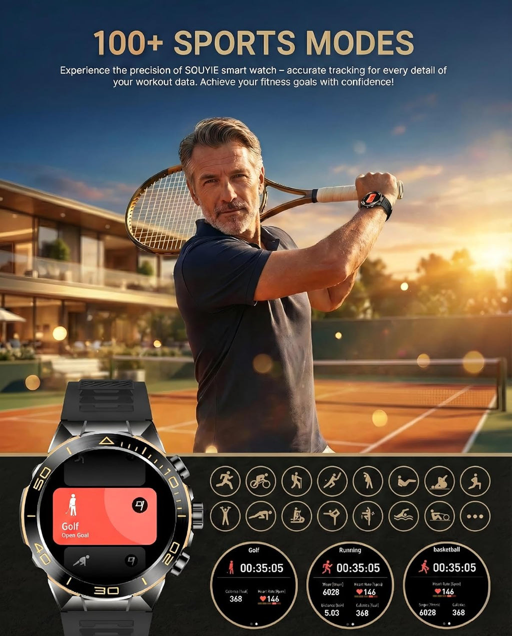 Smart Watch for Men Answer/Make Call for Android iPhone, 1.43" AMOLED HD Screen Men's Luxury Watch, 400mAh Heavy Duty Smartwatch Heart Rate Blood Oxygen Blood Pressure Sleep Monitor Pedometer, 2 Straps