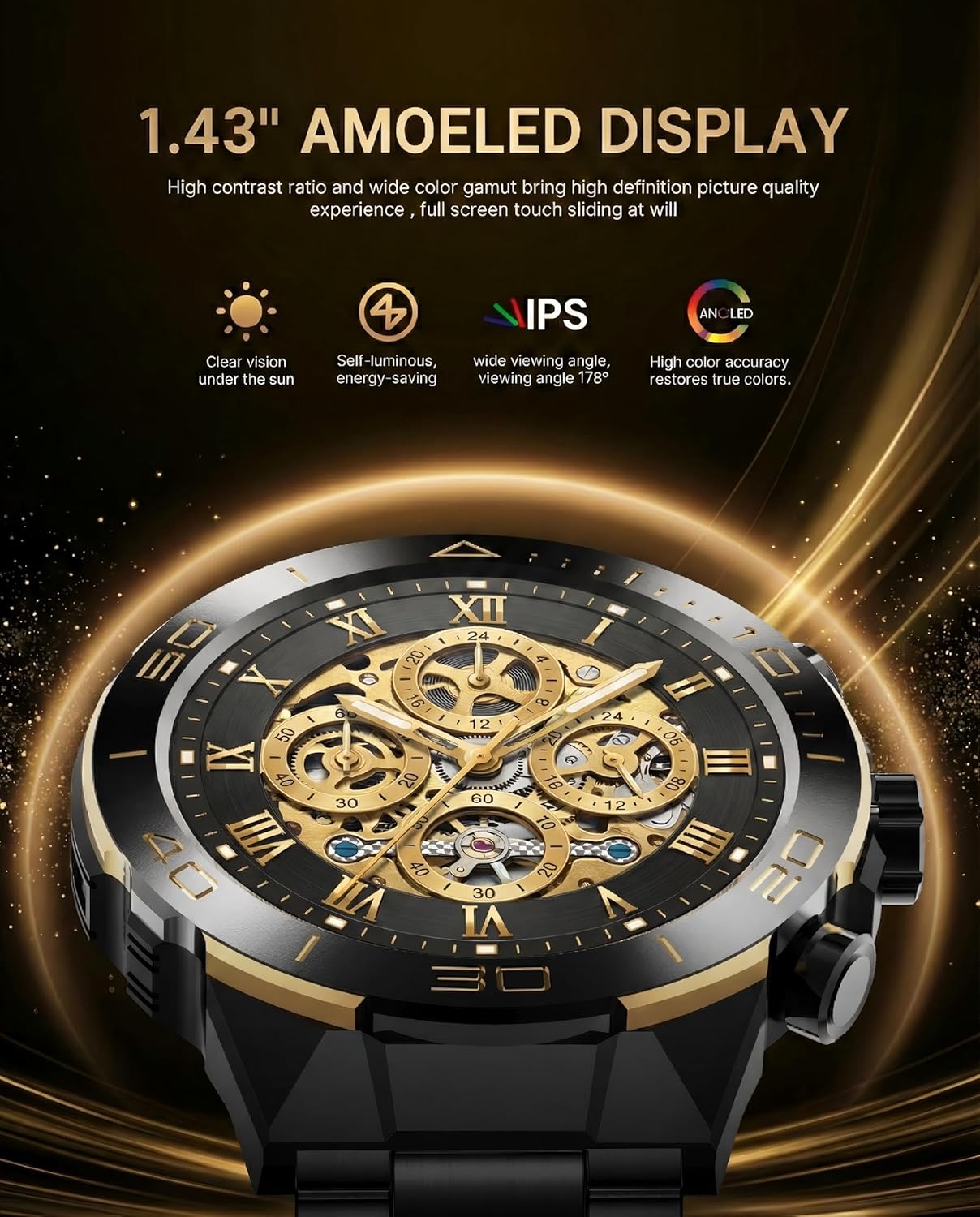 Smart Watch for Men Answer/Make Call for Android iPhone, 1.43" AMOLED HD Screen Men's Luxury Watch, 400mAh Heavy Duty Smartwatch Heart Rate Blood Oxygen Blood Pressure Sleep Monitor Pedometer, 2 Straps