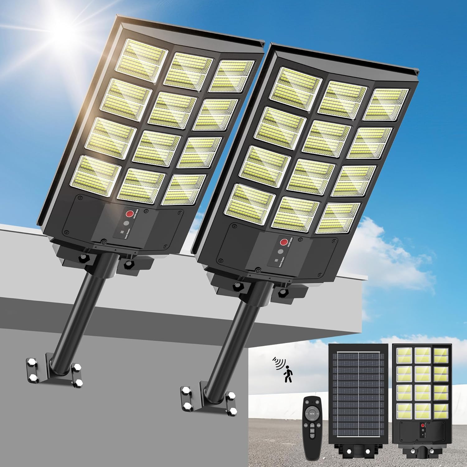 Sunwish Solar Lights Outdoor Waterproof 5000W, 6500K LED Solar Street Light with Motion Sensor & Dusk to Dawn, Security Flood Lights Outdoor with Remote Control for Parking Lot, Yard, Garage（2-Pack）