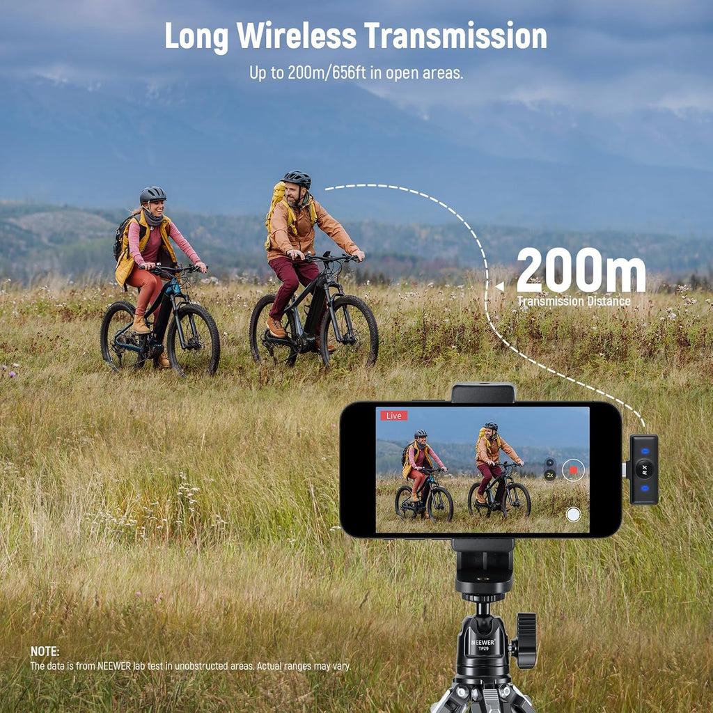 NEEWER KM19 Lightweight Wireless Lavalier Microphone, 48kHz/24bit 30H Battery 3-Level Noise Cancelling Mute Stereo 100m Range Mini Lav Mic with App Control, Compatible with iPhone Android Phone PC