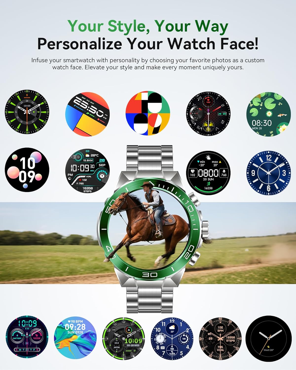 Smart Watch for Men Answer/Make Call for Android iPhone, 1.43" AMOLED HD Screen Men's Luxury Watch, 400mAh Heavy Duty Smartwatch Heart Rate Blood Oxygen Blood Pressure Sleep Monitor Pedometer, 2 Straps