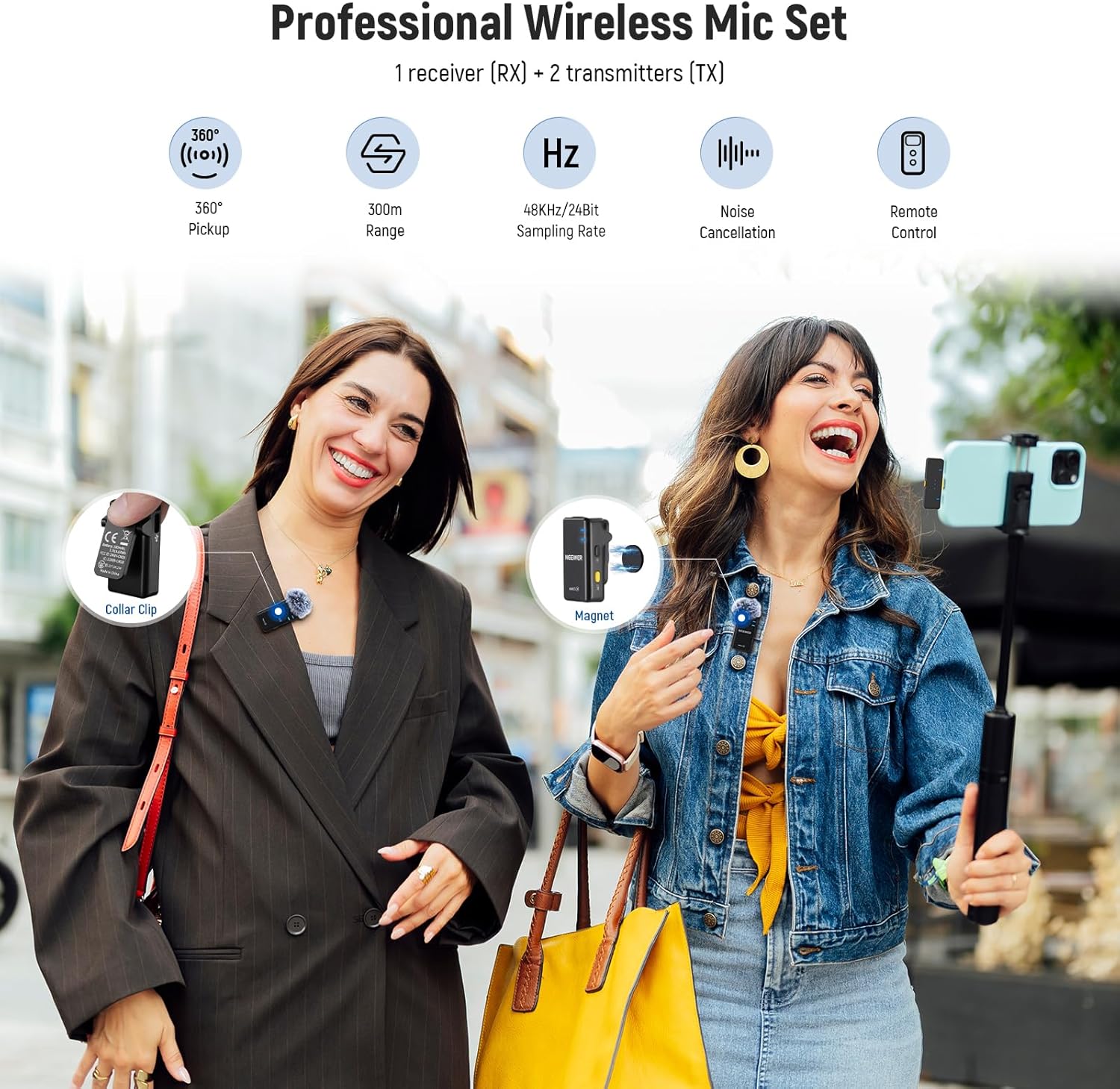 NEEWER KM19 Lightweight Wireless Lavalier Microphone, 48kHz/24bit 30H Battery 3-Level Noise Cancelling Mute Stereo 100m Range Mini Lav Mic with App Control, Compatible with iPhone Android Phone PC