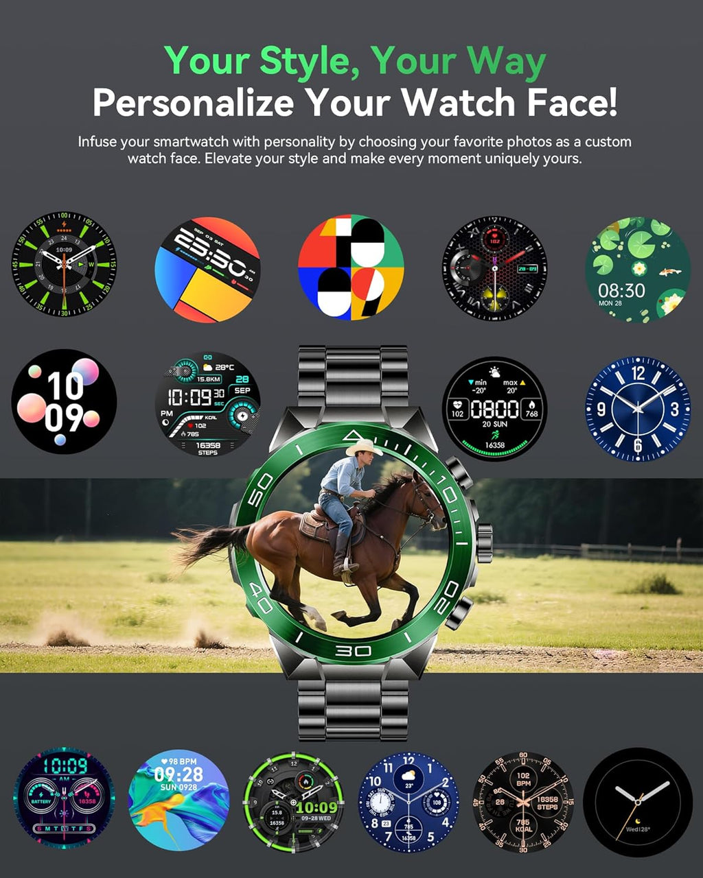 Smart Watch for Men Answer/Make Call for Android iPhone, 1.43" AMOLED HD Screen Men's Luxury Watch, 400mAh Heavy Duty Smartwatch Heart Rate Blood Oxygen Blood Pressure Sleep Monitor Pedometer, 2 Straps