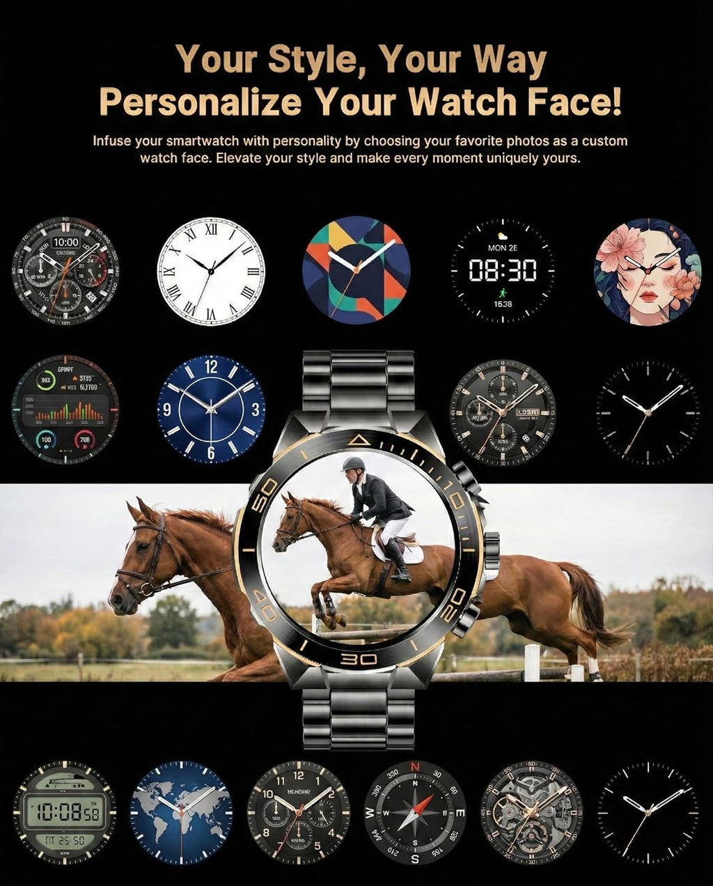 Smart Watch for Men Answer/Make Call for Android iPhone, 1.43" AMOLED HD Screen Men's Luxury Watch, 400mAh Heavy Duty Smartwatch Heart Rate Blood Oxygen Blood Pressure Sleep Monitor Pedometer, 2 Straps