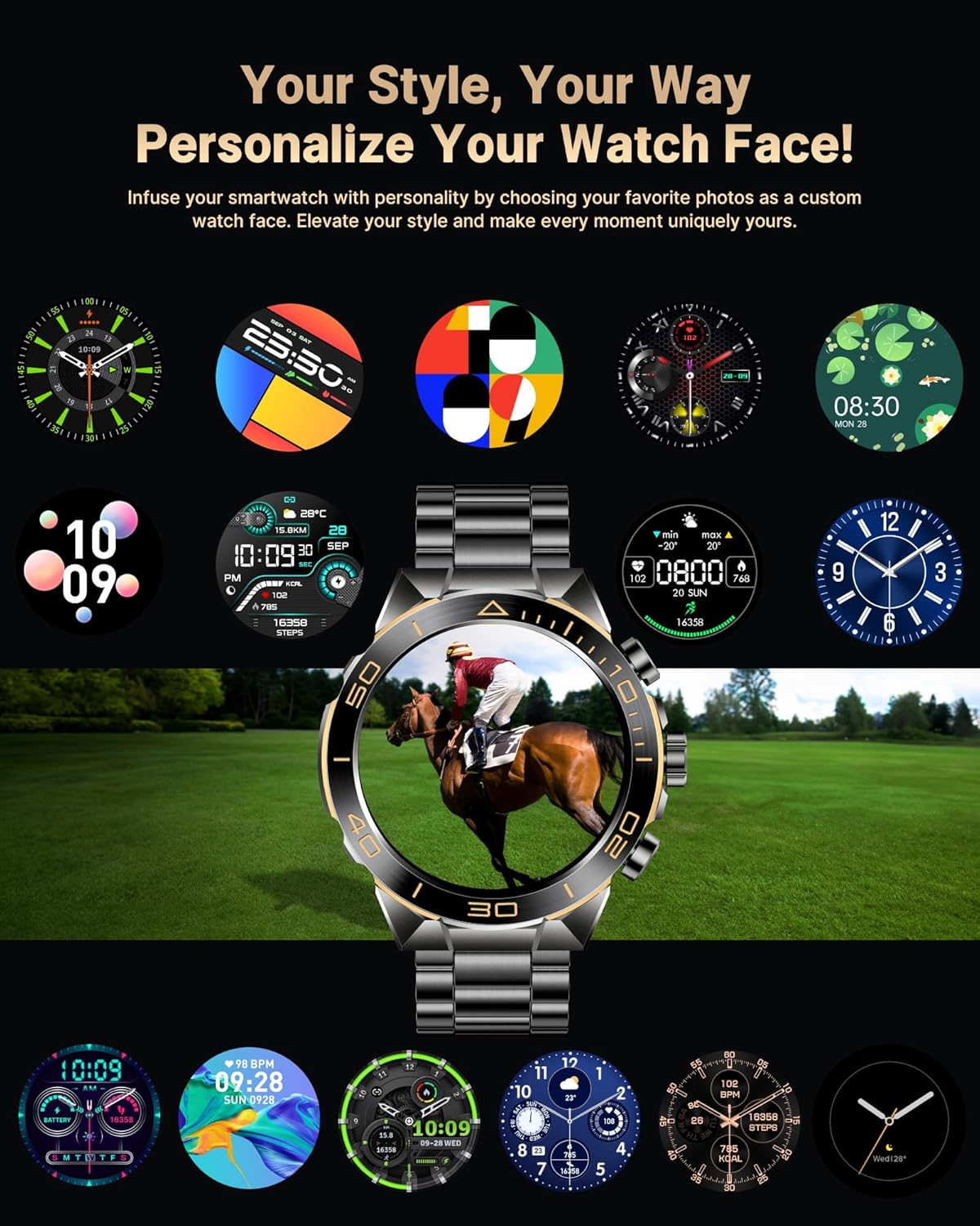 Smart Watch for Men Answer/Make Call for Android iPhone, 1.43" AMOLED HD Screen Men's Luxury Watch, 400mAh Heavy Duty Smartwatch Heart Rate Blood Oxygen Blood Pressure Sleep Monitor Pedometer, 2 Straps