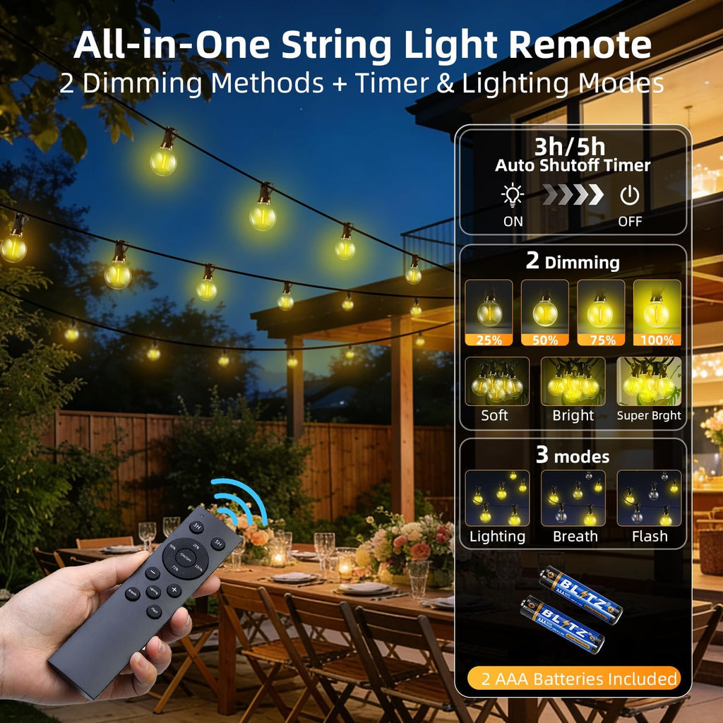 100FT Solar Lights Outdoor Waterproof: G40 30M Shatterproof Bulbs Patio Lights - Solar Powered Remote Control 3 Light Modes Dimmable Solar Light - Camping Backyard Garden Deck Outside Yard