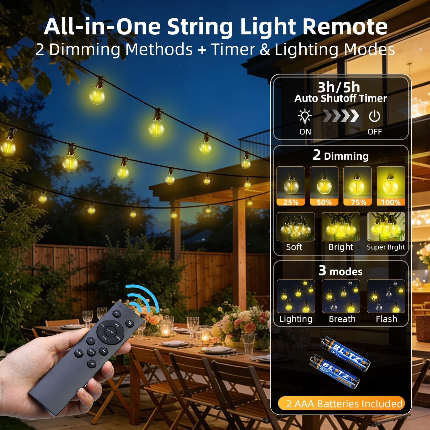 100FT Solar Lights Outdoor Waterproof: G40 30M Shatterproof Bulbs Patio Lights - Solar Powered Remote Control 3 Light Modes Dimmable Solar Light - Camping Backyard Garden Deck Outside Yard