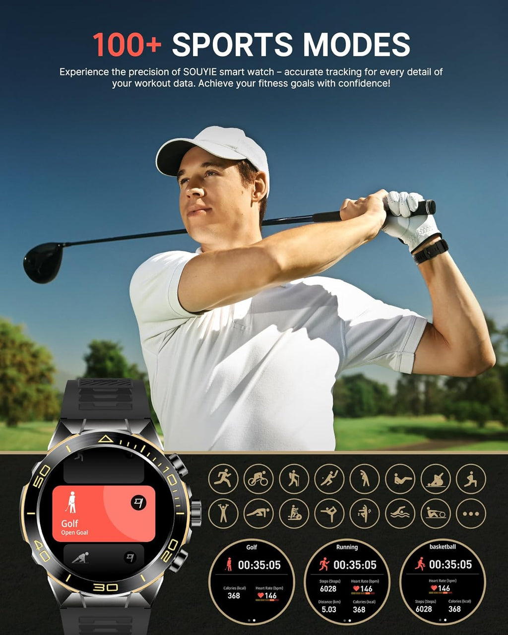 Smart Watch for Men Answer/Make Call for Android iPhone, 1.43" AMOLED HD Screen Men's Luxury Watch, 400mAh Heavy Duty Smartwatch Heart Rate Blood Oxygen Blood Pressure Sleep Monitor Pedometer, 2 Straps