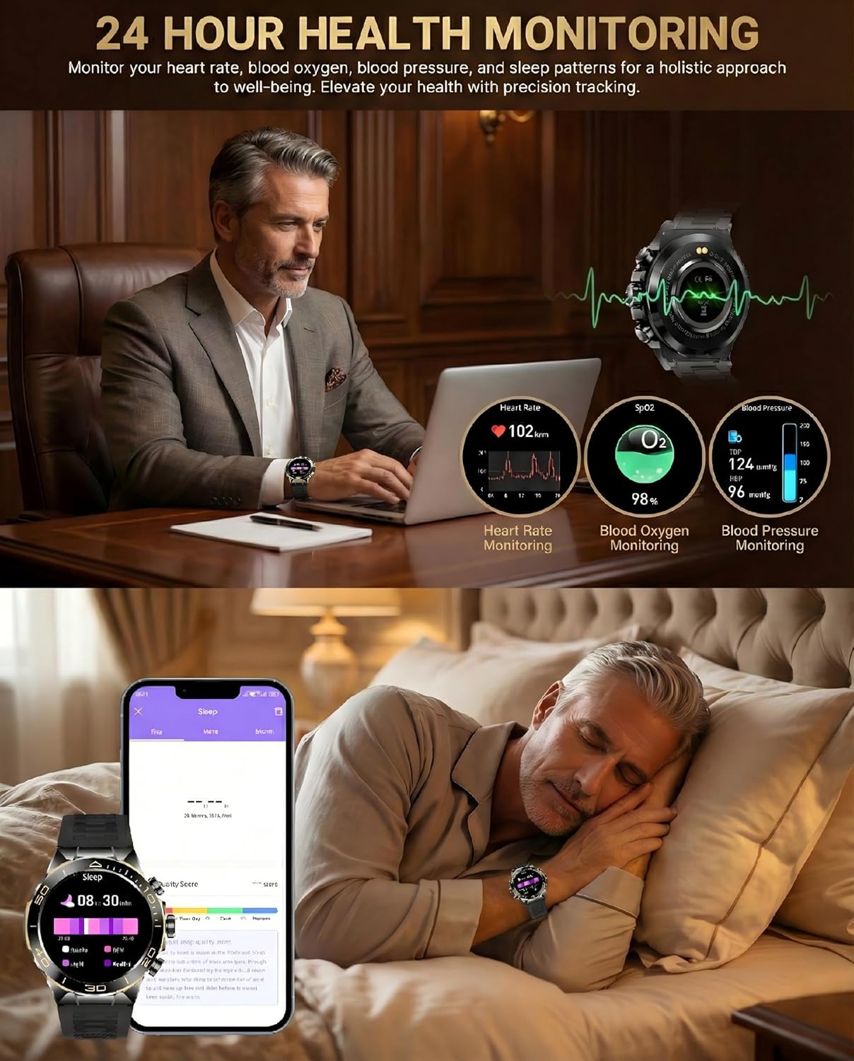 Smart Watch for Men Answer/Make Call for Android iPhone, 1.43" AMOLED HD Screen Men's Luxury Watch, 400mAh Heavy Duty Smartwatch Heart Rate Blood Oxygen Blood Pressure Sleep Monitor Pedometer, 2 Straps